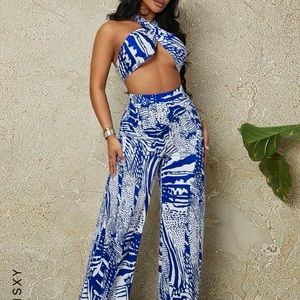 2 piece pants set - crop top & wide leg pants - blue & white